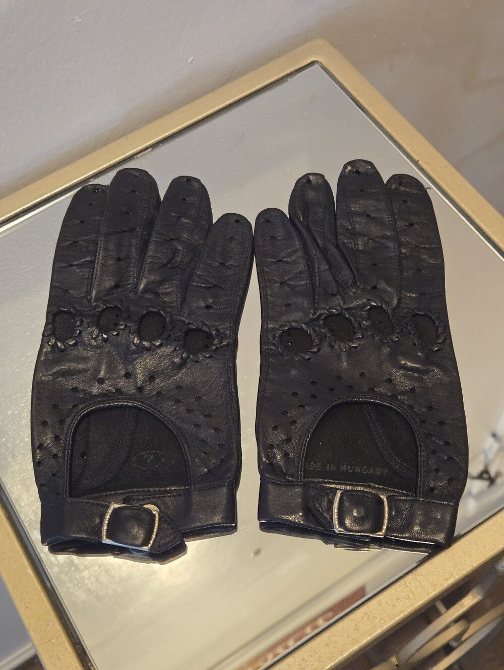 Vintage Navy Leather Driving Gloves Hungary Cutout Knuckle Perforated Snap Wris